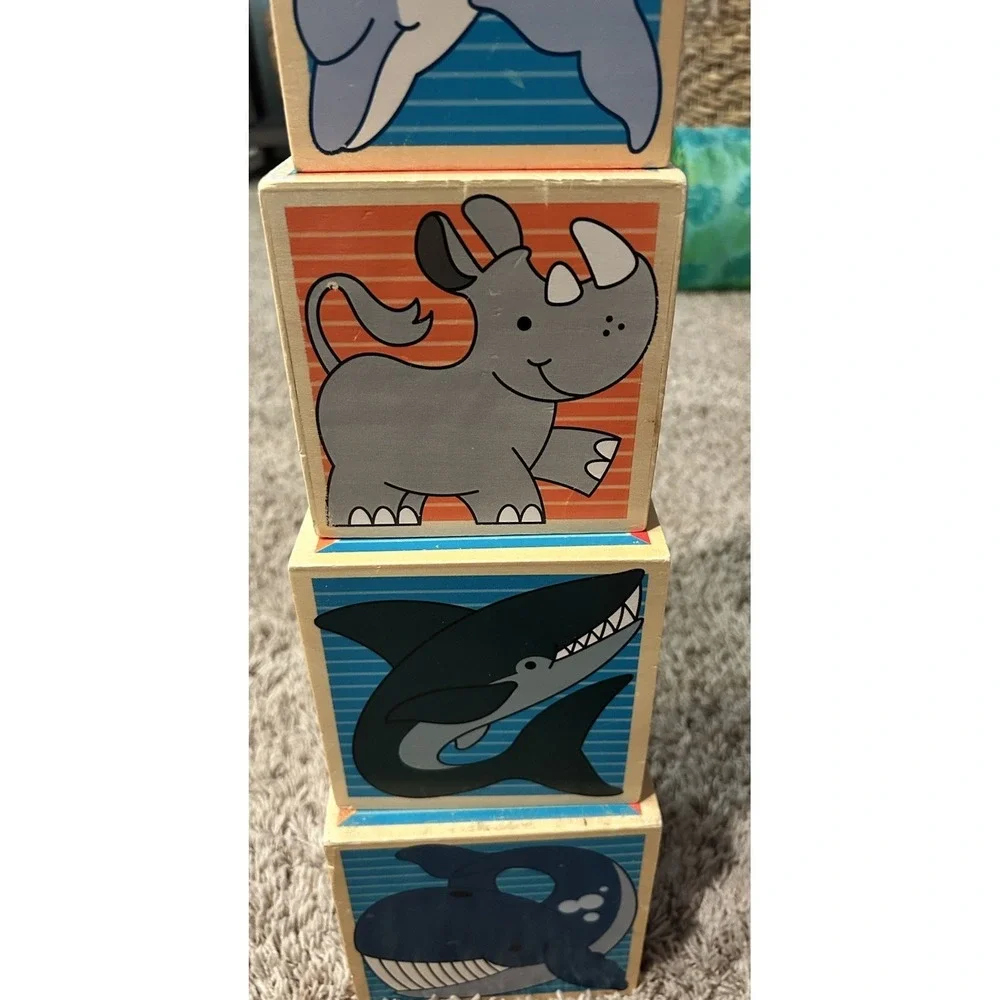 Vintage 7 Stacking TOY Wood BLOCKS‎ RETRO Box Animals 60s Era WHIMSY BABY